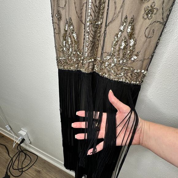 NWT Sue Wong Beaded Gold Mesh Top Black Fringe Bottom Evening Dress 8 - Picture 2 of 15